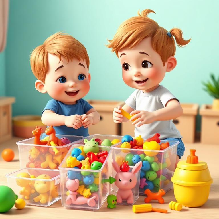 Separar brinquedos por cor e tamanho