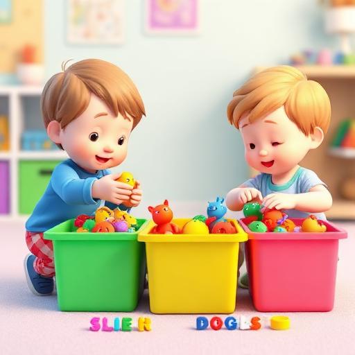 Separar brinquedos por cor e tamanho